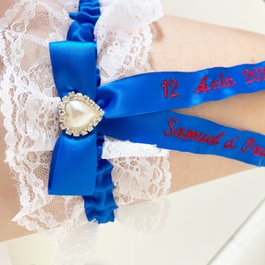 Jarretière de mariage de broderie personnalisée bleu royal, Save the Date Brides Garter, Jarretière en dentelle personnalisée, Strass personnalisé quelque chose de bleu
