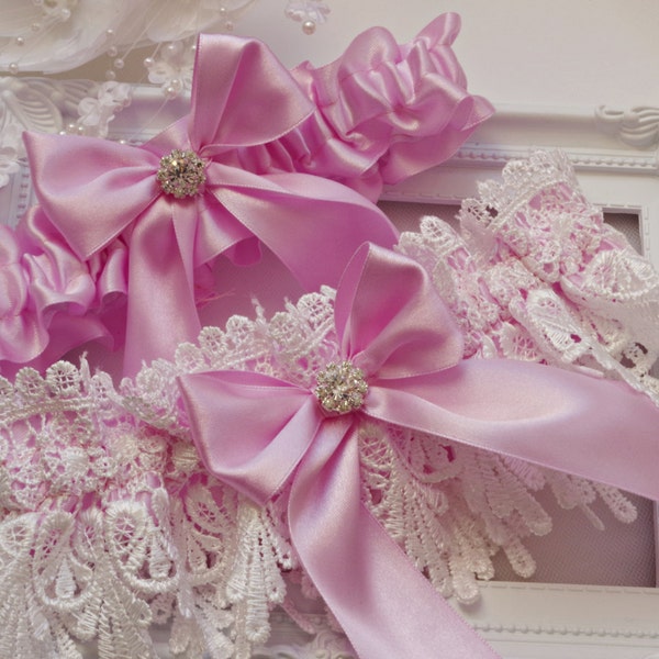 Ensemble jarretière de mariage jarretière en dentelle Ensemble de jarretelles en dentelle rose et blanc Ensemble jarretière rose Jarretière de mariage rose Jarretière de mariée rose Jarretière blanche