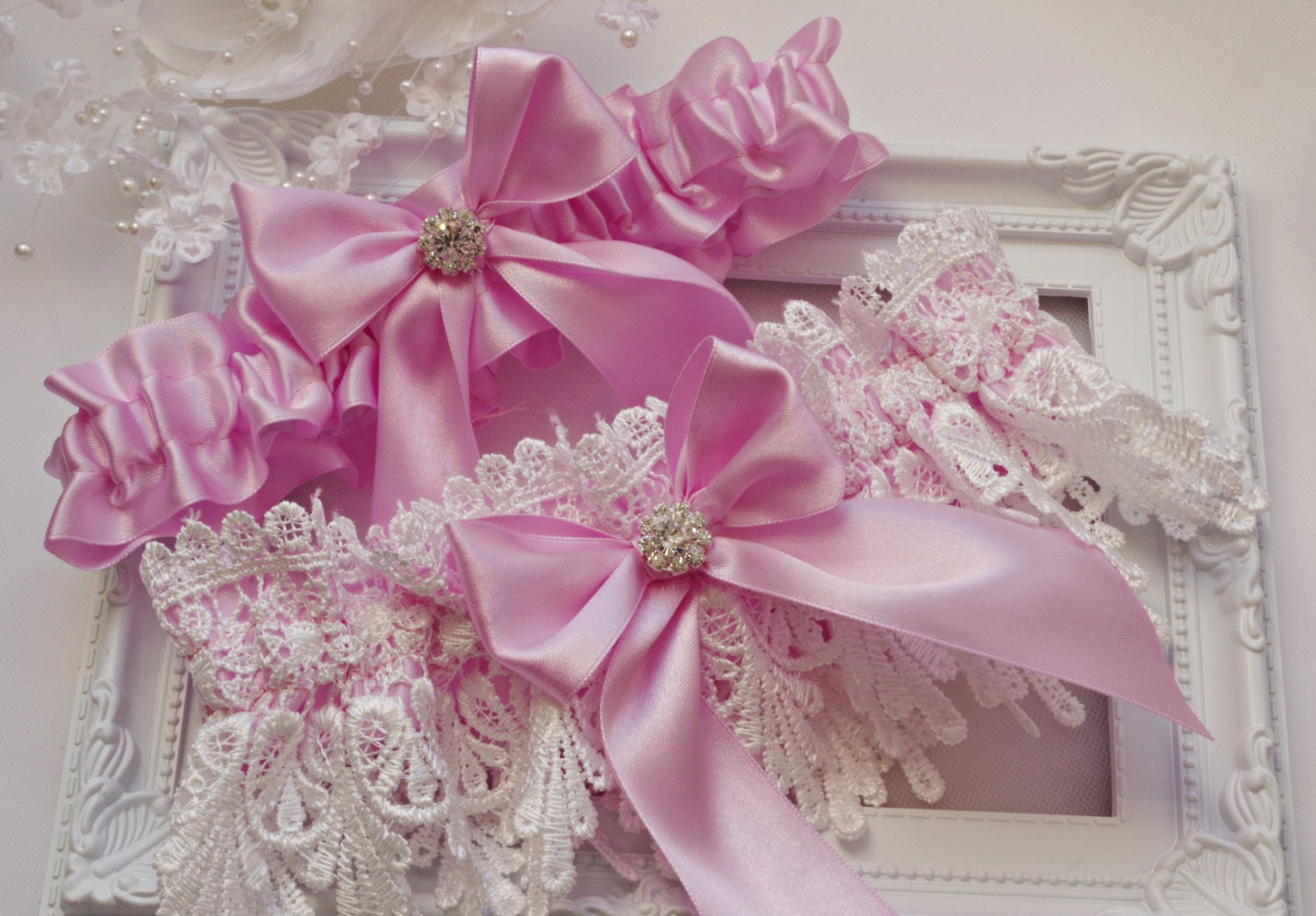 Wedding Garter Bridal Garter Set Lace Garter Pink White Lace Etsy