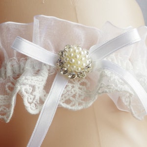 Wedding Garter Ivory Wedding Garter Beaded Chantilly Lace Bow Garter Rhinestone Pearl Garter Boho lingerie image 4