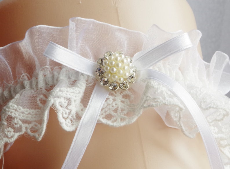 Wedding Garter Ivory Wedding Garter Beaded Chantilly Lace Bow Garter Rhinestone Pearl Garter Boho lingerie image 4