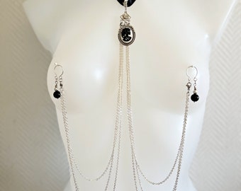 Sexy Chain Necklace to Nipple Stainless Steel Nipple Chain with Cameo Black Choker  nipple non piercing nipple rings Sexy body