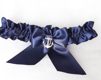 Anchor garter Navy blue Wedding garters Bridal blue satin garters Nautical garter Gold anchor garte Nautical wedding Silver anchor garter