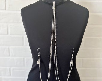 Black leather choker  Stainless steel chain nipple non piercing  with crystal charm nipple  Nipple rings Sexy body,Mature fetish jewelry