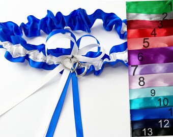 Personalized color wedding garter double heart charm Bridal  toss garter satin custom color  Keepsake garter