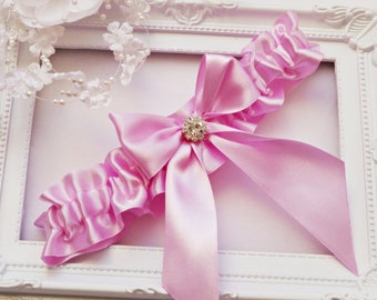 Pink Wedding Garter Bridal Pink Satin Garter Rhinestone Garter Keepsake  Garters Bridal Gift Wedding crystal garter
