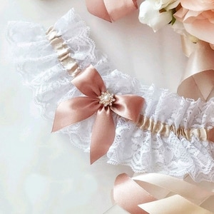 Personalized color satin bow and rhinestone wedding garter Bridal lingerie white lace garters Wedding gifts