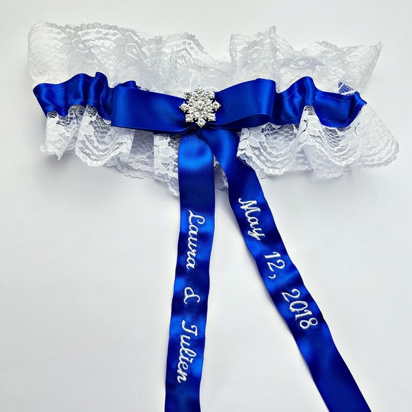 Giarrettiera da sposa blu royal personalizzata ,Ricamato Save the Date Brides Giarrettiera, Giarrettiera in pizzo personalizzata ,Strass Personalizzato Qualcosa di Blu,