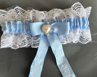 Bruiloft kousenband blauw voor bruid gepersonaliseerde geborduurde woorden of naam, aangepaste kanten kousenband iets blauw strass