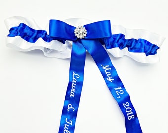 Custom lace garter ,Personalized royal blue wedding garter ,Embroidered  Save the Date Brides Garter,Rhinestone Customised  Something Blue,