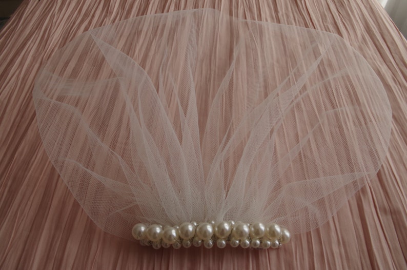 May include: A white tulle veil with a row of pearl embellishments.