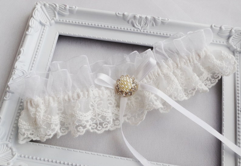 Wedding Garter Ivory Wedding Garter Beaded Chantilly Lace Bow Garter Rhinestone Pearl Garter Boho lingerie image 1