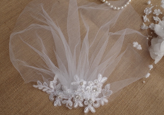 Ivory Tulle Birdcage Veil: Lace Applique, Pearls, Rhinestones