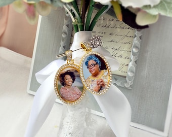Gold Wedding Bouquet Photo Charm: Rhinestone Memorial Keepsake