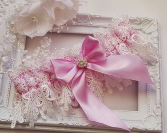 Pink Wedding Garter Bridal Garter Lingerie Garters Bridal Garters Venice Wedding Lace pink garter set bridal accessories ivory wedding garte
