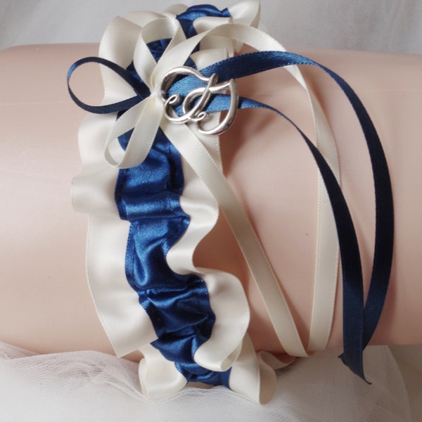 Navy blue wedding garter Ivory wedding garter Two hearts silver Bridal garter Wedding lingerie Plus size garter Tossing garter