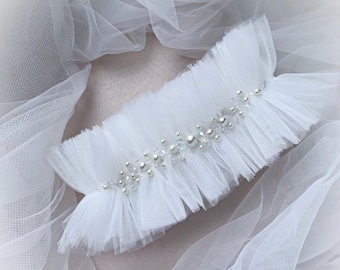 Tul Blanco Rhinestone Perlas boda Garter Bridal Garter with Crystals Toss Garter