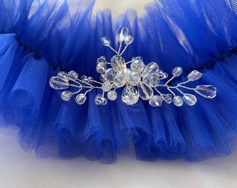 Royal blue tulle garter for bride , Something blue wedding garter wish  rhinestones,Accessories for bride