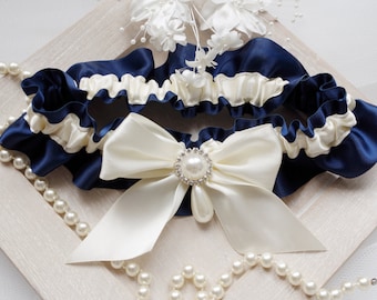 Navy blue wedding garter iIvory pearls rhinestones Blue catin bow  plus size Bridal garter lingerie women