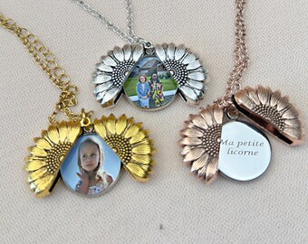 Collana con medaglione fotografico a forma di girasole: regalo di gioielli ricordo personalizzati