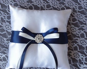 Navy blue ring pillow Rhinestones ring bearer pillow White wedding pillow Ring pillow Navy blue wedding flower girl ring bearer Blue Wedding