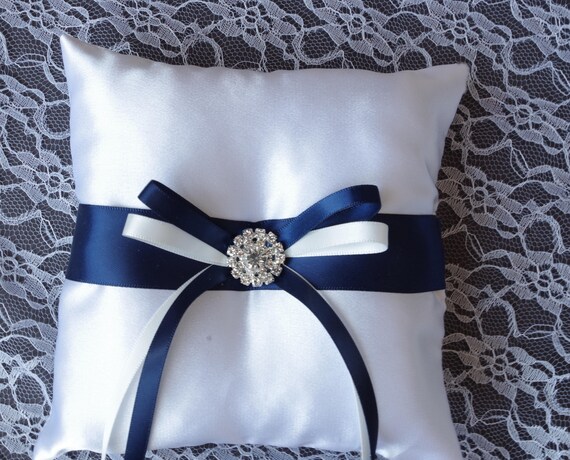 Navy Blue Ring Pillow Rhinestones Ring Bearer Pillow White Etsy