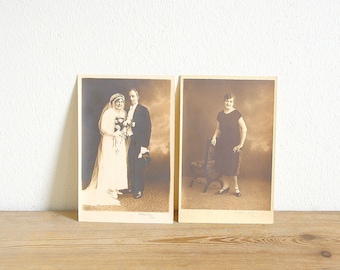 Vintage pair sepia photos of couple, real antique sepia toned wedding photo, black and white collectible, husband wife, collage journaling