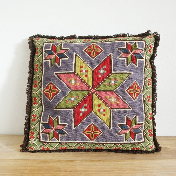 Vintage crewel embroidered decorative pillow or cushion in geometric pattern, Retro Multi color Scandinavian, Hand made modern home interior