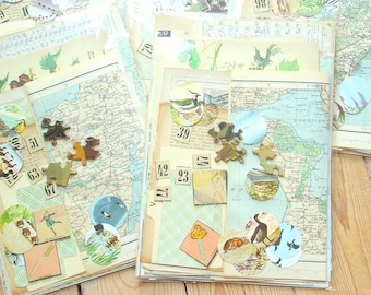 Vintage real antique collage kit, 50+ pieces paper pack, original sheet music maps, journaling supply, card making, creative paper crafts