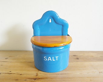 Vintage salt box cellar blue wood lid, Danish Enamel blue, Country kitchen Farmhouse decor, Desk storage, Kitchen container, Salt cellar old