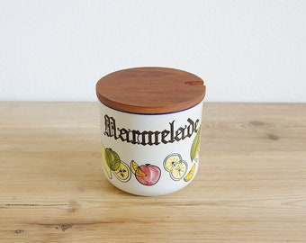 Vintage Knabstrup marmalade jar with teak wood lid, jam box old, Pernille series 60s, hand painted Danish, Retro kitchen, desk organizer