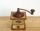 Vintage coffee grinder wooden original label.Vintage coffee mill wood metal.Country kitchen decor.Coffee lover.Home decor.farmhouse decor.