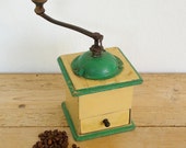 Vintage coffee grinder.Swedish coffee mill metal wood.Farmhouse Country kitchen decor.Coffee lover gift.Green cream beans