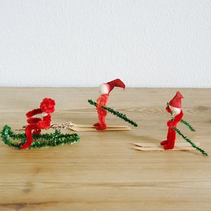 Vintage set of small Christmas chenille elves or pixies on skies and sled, Holiday decor, Christmas ornament, collectible old, image 1