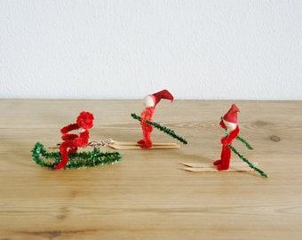 Vintage set of small Christmas chenille elves or pixies on skies and sled, Holiday decor, Christmas ornament, collectible old,
