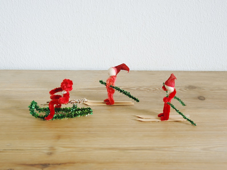 Vintage set of small Christmas chenille elves or pixies on skies and sled, Holiday decor, Christmas ornament, collectible old, image 1