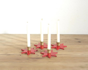 Vintage set of 4 small wooden star candle holders, Swedish handmade simple design Christmas candlestick, mini Holiday decor
