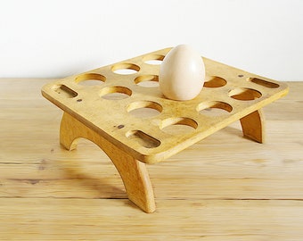 Vintage antique single tier egg rack in wood, treen egg stand for counter in Downton Abbey style, Country farmhouse kitchen, old holder