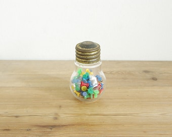 Vintage lightbulb glass jar or vase with screw metal top, memo board pins and thumbtacks, retro decor piece, fun office desk accessory
