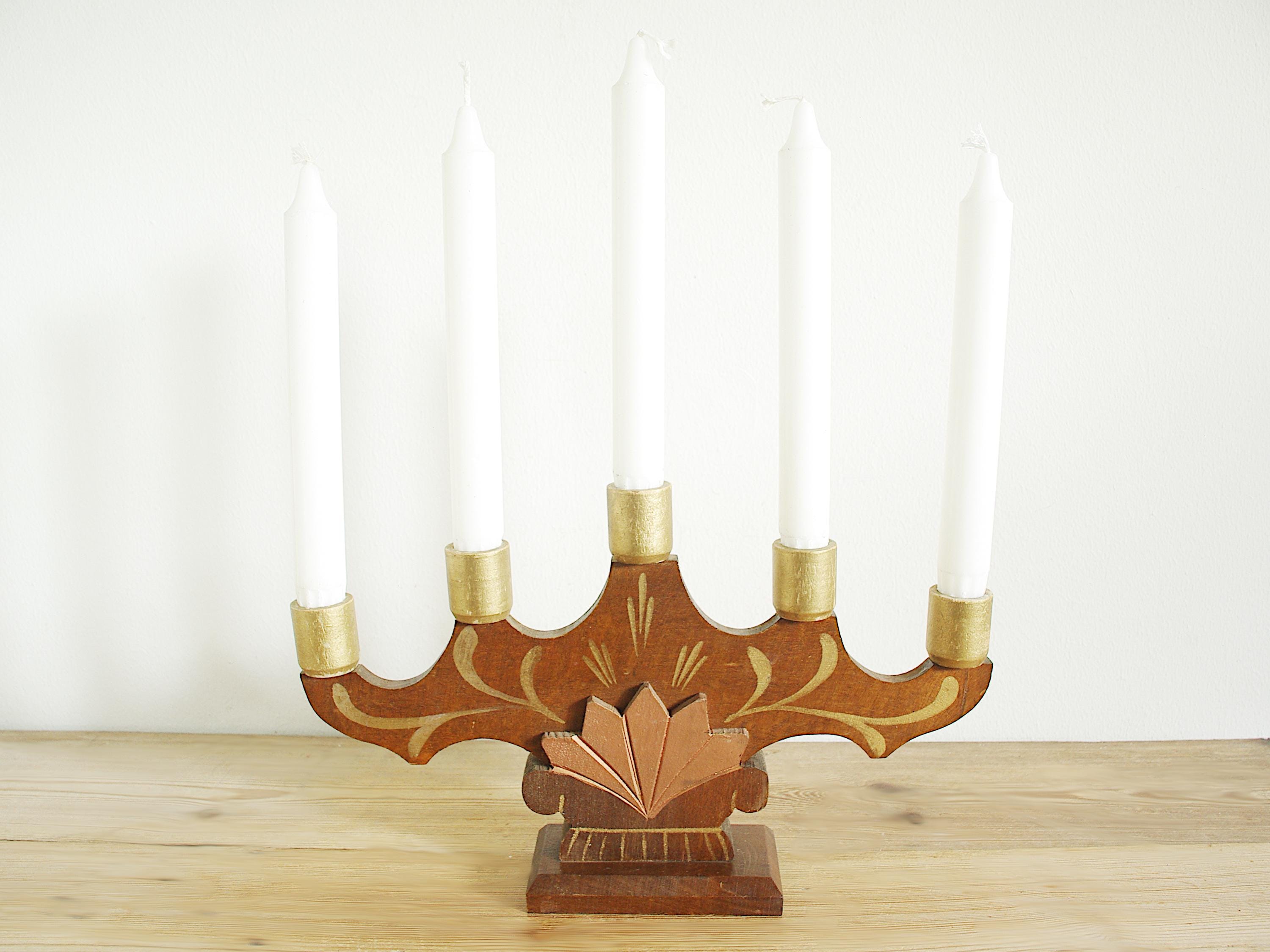Vintage Swedish Candleholder for 5 Candles, Wooden Candlestick
