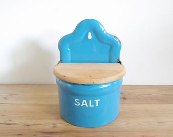 Vintage salt box cellar blue wood lid, Danish Enamel blue, Country kitchen Farmhouse decor, Desk storage, Kitchen container, Salt cellar old
