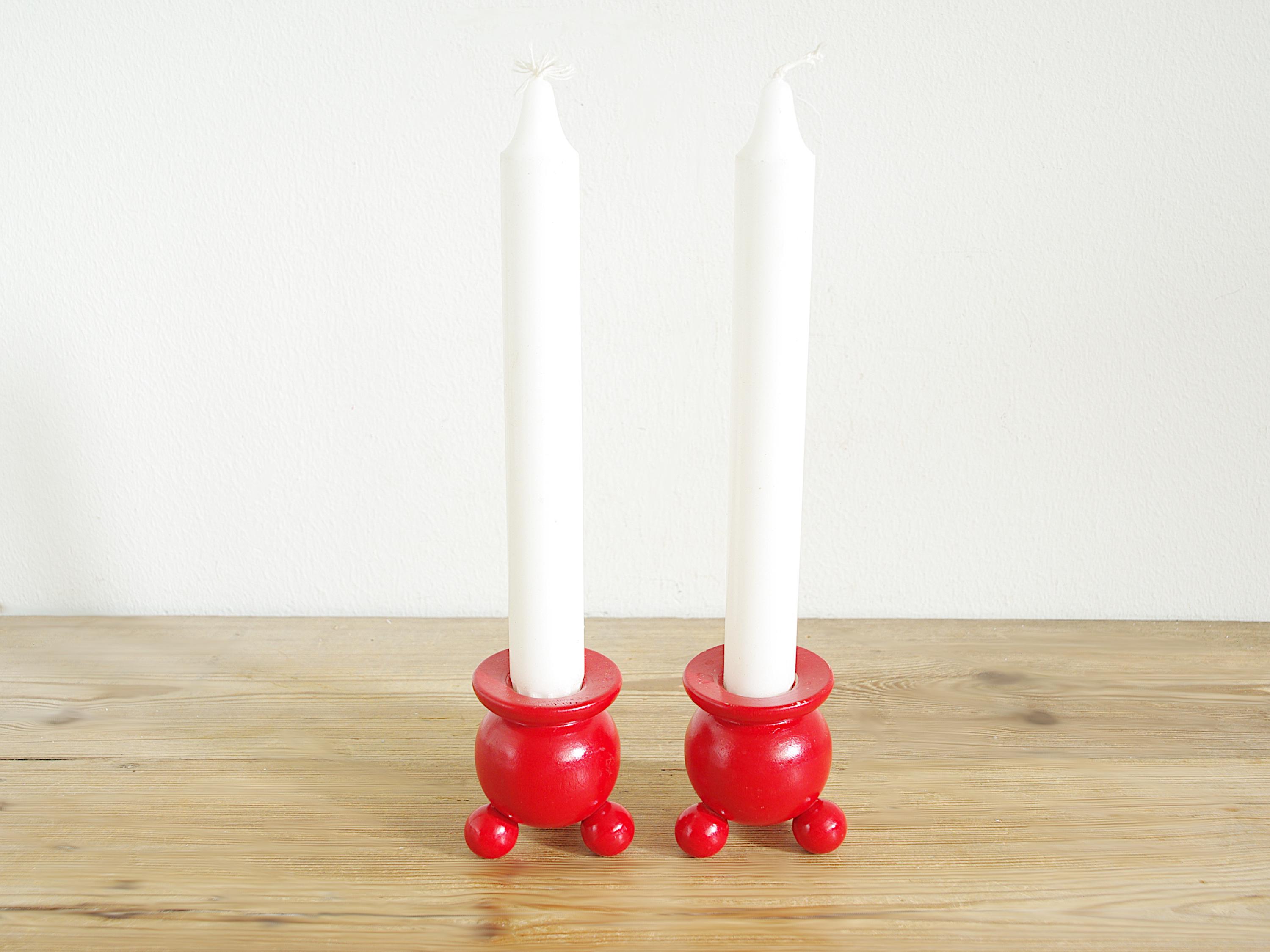 Vintage Pair of Red Candleholders Wooden, Swedish Christmas
