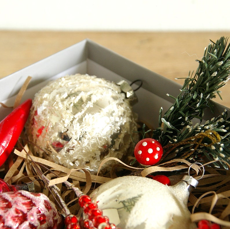 Vintage Lot of Christmas German Glass Ornaments in Box, Silver Red