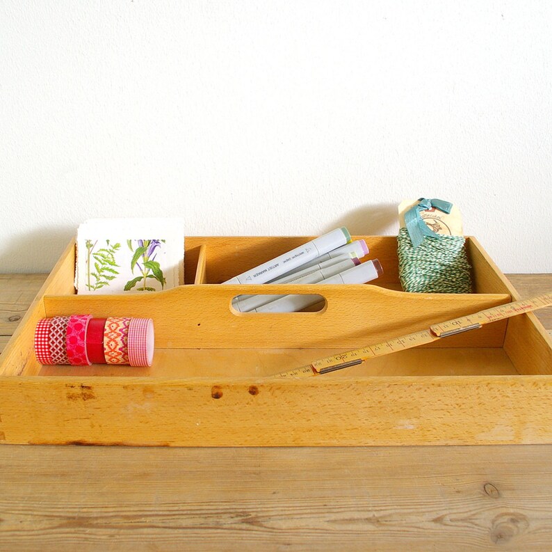 Vintage Wooden Tray Divided Box Wood Cutlery Stationery Image 0