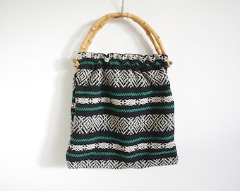 Vintage wool bag with bamboo handles, black white green bag, knitting project bag, cool tote market bag, Boho accessory, woven crazy pattern
