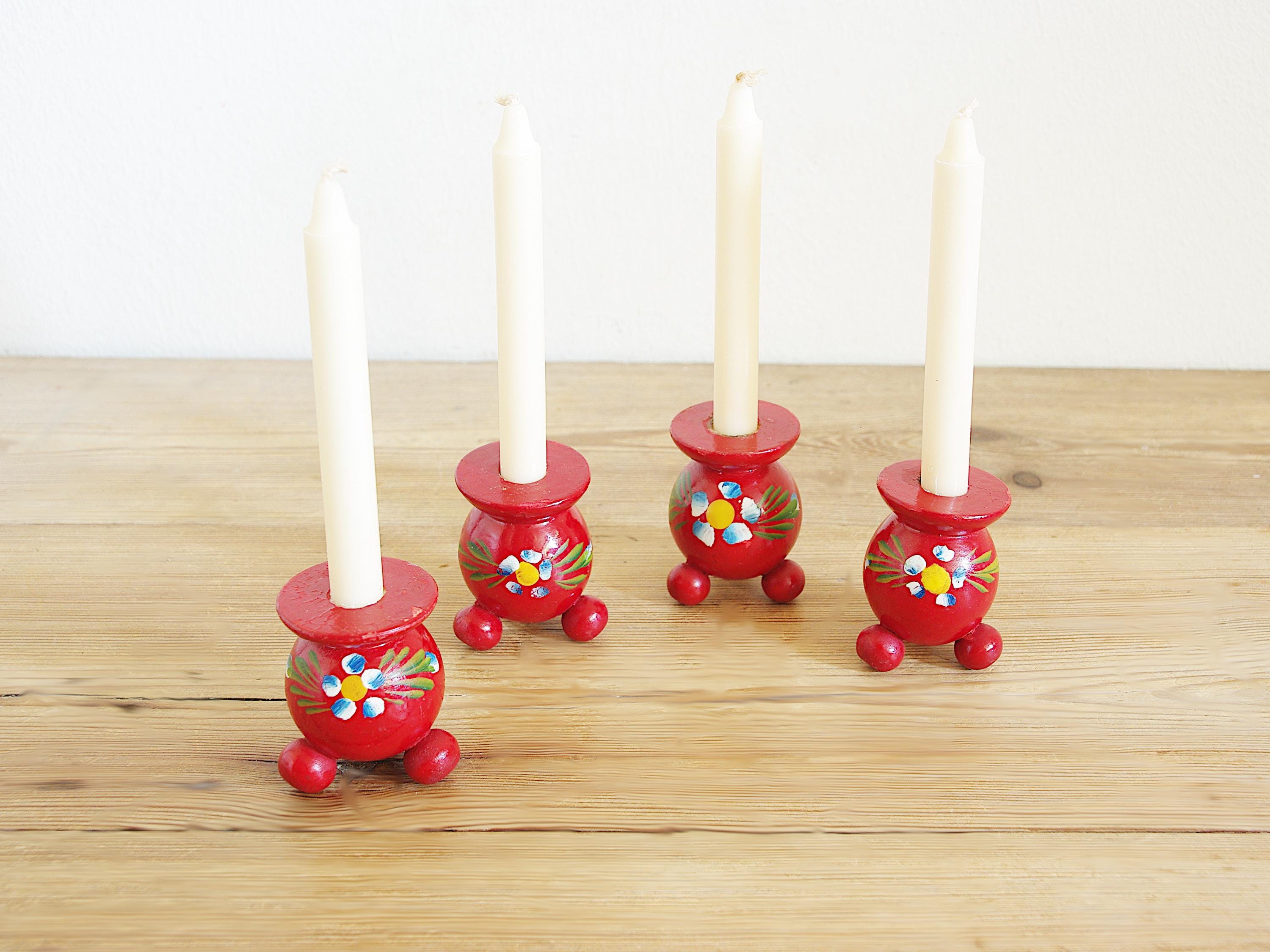Vintage Set of 4 Small Candleholders in Red Painted Wood, Swedish
