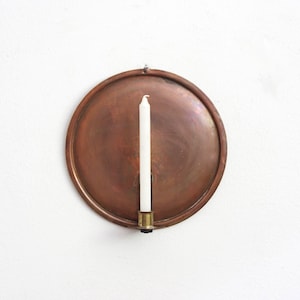 Vintage antique copper sconce with reflector for single candle, simple made from pot lid, wall candlestick or candleholder, cozy home decor