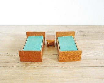 Vintage wooden dollhouse furniture set with two beds and bedside table, miniature mid mod style, cute small furniture mini, old simple