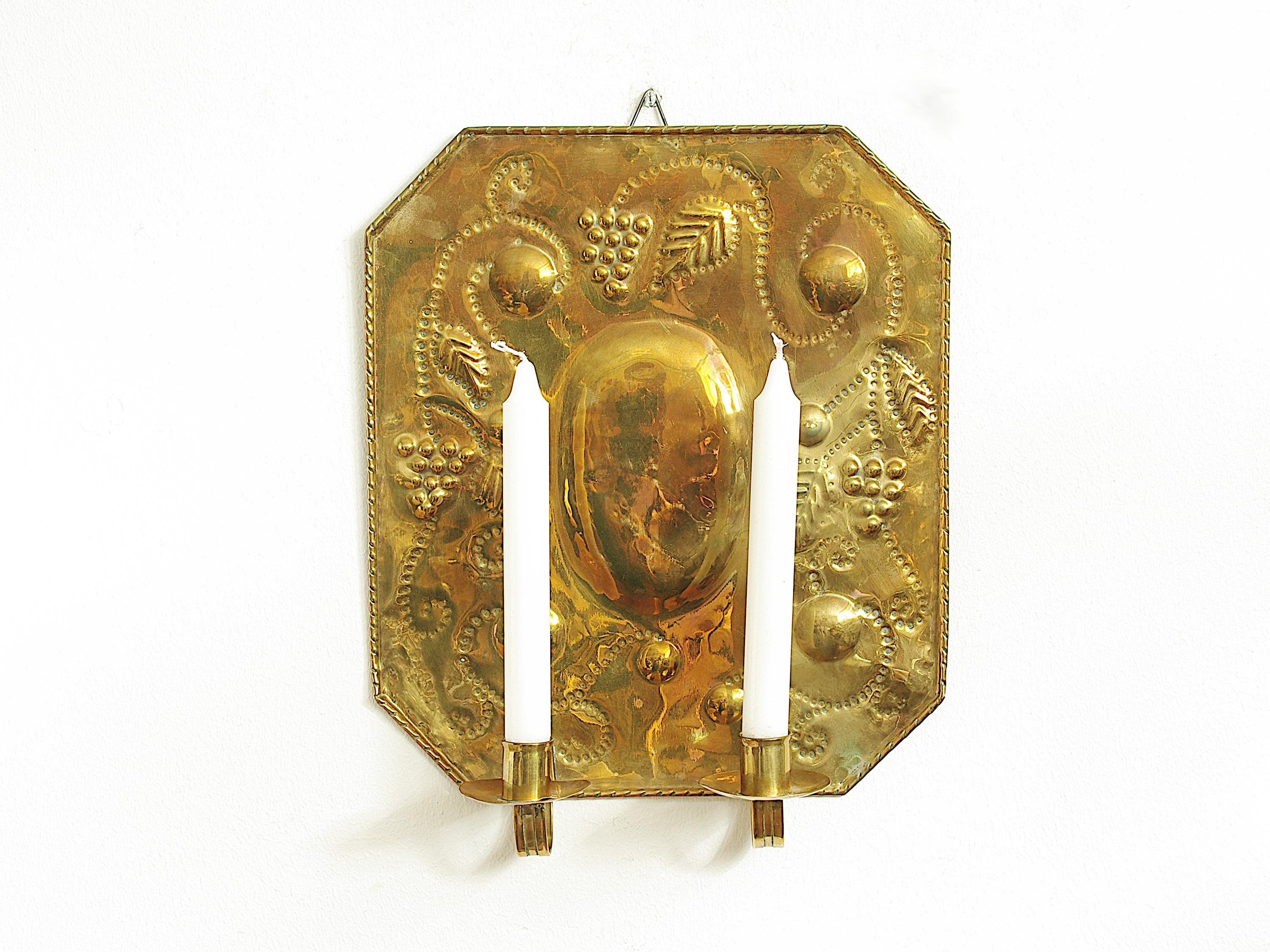 Vintage Big Brass Double Candle Sconce With Reflector and Repousse