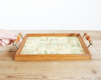 Vintage wooden serving tray with handles and Japanese motive, Catchall for entryway, cute office desk organizer, kitchen decor